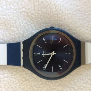 Men's Swatch Watch. Blue, white, tan stripes.